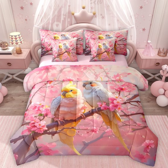 Homewish Rustic Cherry Flower 7pcs Bedding Comforter Set,Country Bird Queen Bedding Sets,Pink Yellow Queen Sheet Sets For Girl,Microfiber Bedroom Decor Reversible