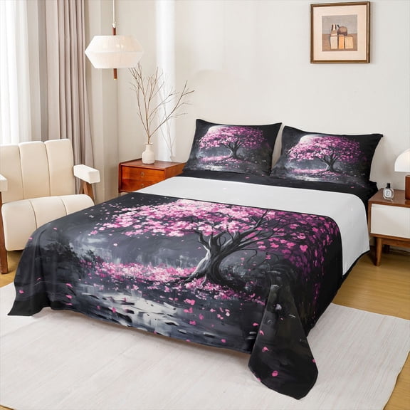 Homewish Rustic Cherry Flower Queen Sheet Sets,Country Tree Flat Sheet,Oil Painting Queen Fitted Sheet For Girl,Microfiber Bedroom Decor,4-Piece