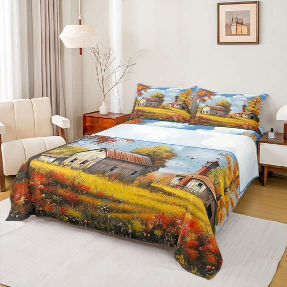 Homewish Rustic Cottage 4 Pieces Queen Sheet Sets for Female Men Adults,Happy Autumn Fall Ultra Soft Flat Sheet,Retro Vintage Queen Fitted Sheet,Super Cozy Room Decor