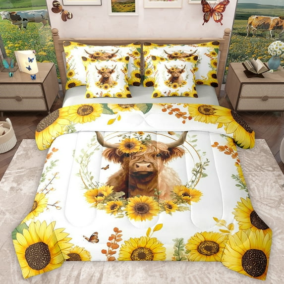 Homewish Rustic Cow Animal Bedding Comforter Set 7 Pieces, Vibrant Yellow Sunflower Full Bedding Set, Farmhouse Plant Botanical Reversible Fitted Sheet Flat Sheet, Lightweight Room Decor