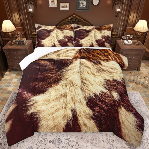 Homewish Rustic Cow Hide Bedding Comforter Set,Western Farmhouse Twin Comforter Sets,Beige Brown Bedding Set For Men Women,Breathable Home Decor,2 Pieces