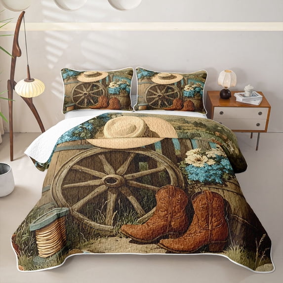 Homewish Rustic Cowboy Hat Boots Quilt King,Vintage Floral King Coverlet Set,Blue Brown,3-Piece