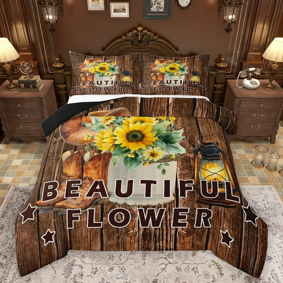 Homewish Rustic Cowboys Boots Bedding Comforter Set,Beautiful Flower Sunflower Twin Comforter Sets,Old Barn Door Bedding Set For Boys,Super Cozy Room Decor Reversible,2-Piece