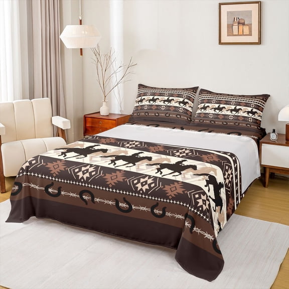 Homewish Rustic Cowgirl Cowboy Bed Sheets, Vintage Brown Western Aztec King Sheets, Farmhouse Horse Shoes Sheet Set, Luxury Bedroom Decor, 4 Pieces