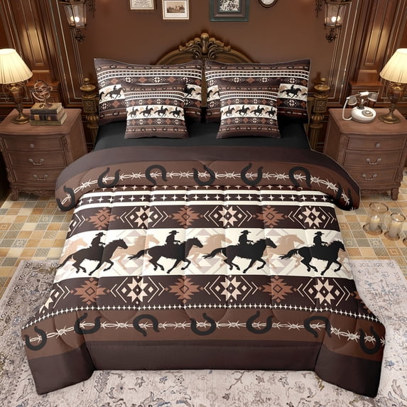 Homewish Rustic Cowgirl Cowboy Bedding Comforter Set 7 Pieces, Vintage Brown Western Aztec Full Bedding Set, Farmhouse Horse Shoes Reversible Fitted Sheet Flat Sheet, Luxury Bedroom Decor