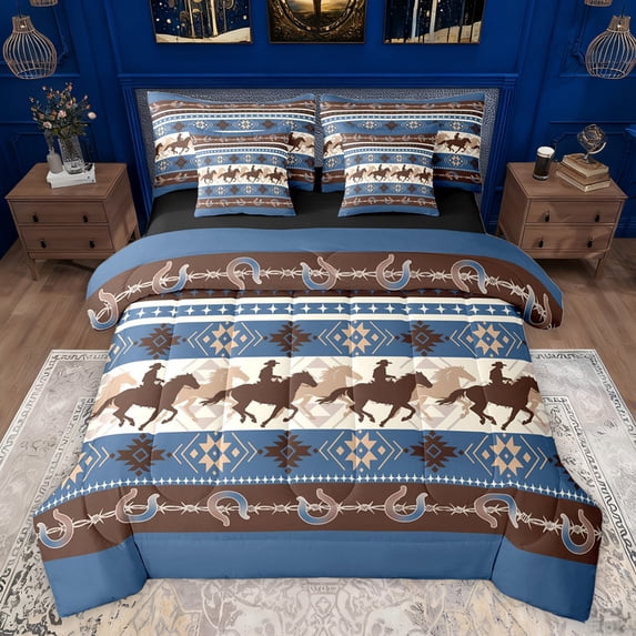 Homewish Rustic Cowgirl Cowboy Bedding Comforter Set 7pcs, Vintage Blue Western Aztec Queen Bedding Sets, Farmhouse Horse Shoes Reversible Queen Sheet Sets, Ultra Soft Bedroom Decor