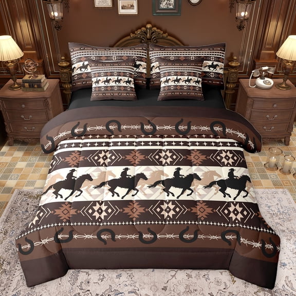 Homewish Rustic Cowgirl Cowboy Bedding Comforter Set 7pcs, Vintage Brown Western Aztec King Bedding Sets, Farmhouse Horse Shoes Reversible Bed Sheets, Luxury Bedroom Decor