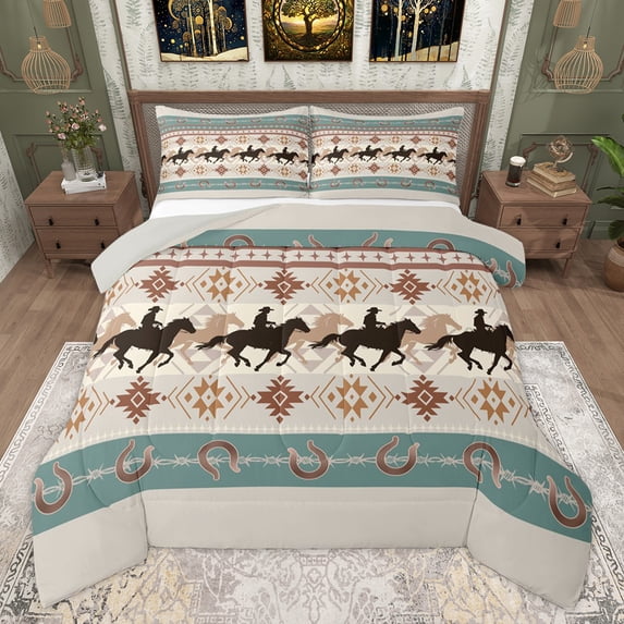 Homewish Rustic Cowgirl Cowboy Bedding Comforter Set, Vintage Wheat Western Aztec Twin Comforter Sets, Farmhouse Horse Shoes Reversible Bedding Set, Ultra Soft Bedroom Decor, 2 Pieces