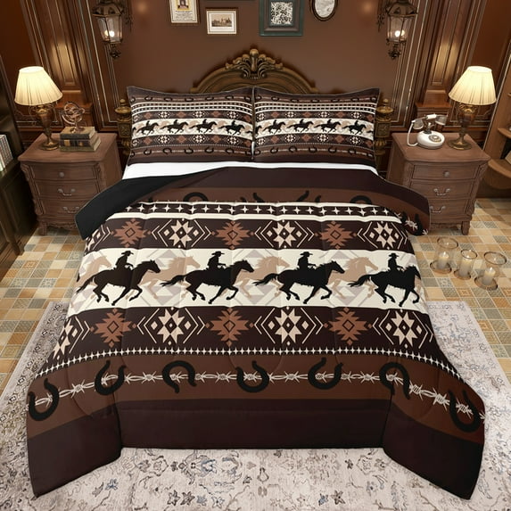 Homewish Rustic Cowgirl Cowboy Full Size Comforter Sets, Vintage Brown Western Aztec Bedding Comforter Set, Farmhouse Horse Shoes Reversible Bedding Sets, Luxury Bedroom Decor, 3 Pieces