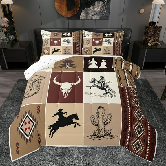 Homewish Rustic Cowgirl Cowboy Queen Comforter Set for Kids, Tribal Hippie Aztec Bedding Sets, Vintage Brown Patchwork Reversible Bedding Comforter Set, Super Cozy Room Decor, 3-Piece