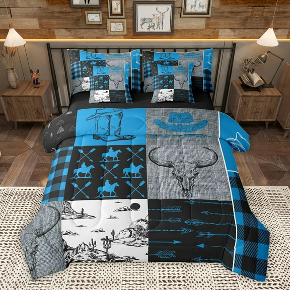 Homewish Rustic Cowgirl Cowboy Twin Bedding Sets 7-Piece for Adult, Hippie Western Cabin Bedding Comforter Set, Blue Grey Plaid Reversible Sheet Sets, Ultra Soft Bedroom Decor