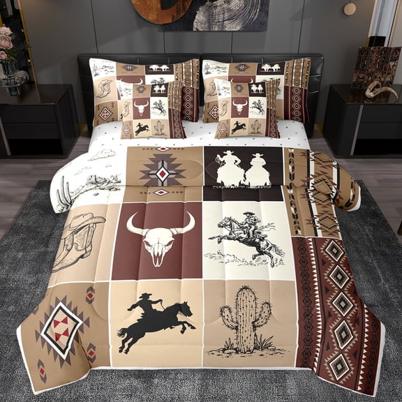 Homewish Rustic Cowgirl Cowboy Twin Bedding Sets 7-Piece for Kids, Tribal Hippie Aztec Bedding Comforter Set, Vintage Brown Patchwork Reversible Sheet Sets, Super Cozy Room Decor