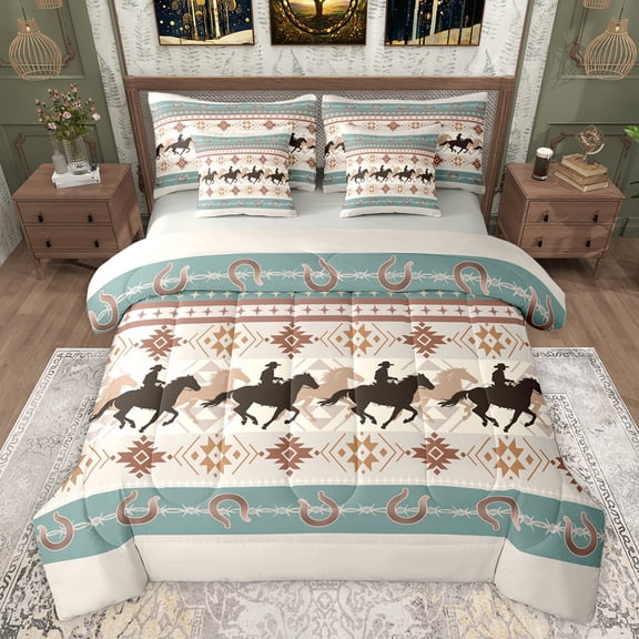 Homewish Rustic Cowgirl Cowboy Twin Bedding Sets 7-Piece, Vintage Wheat Western Aztec Bedding Comforter Set, Farmhouse Horse Shoes Reversible Sheet Sets, Ultra Soft Bedroom Decor
