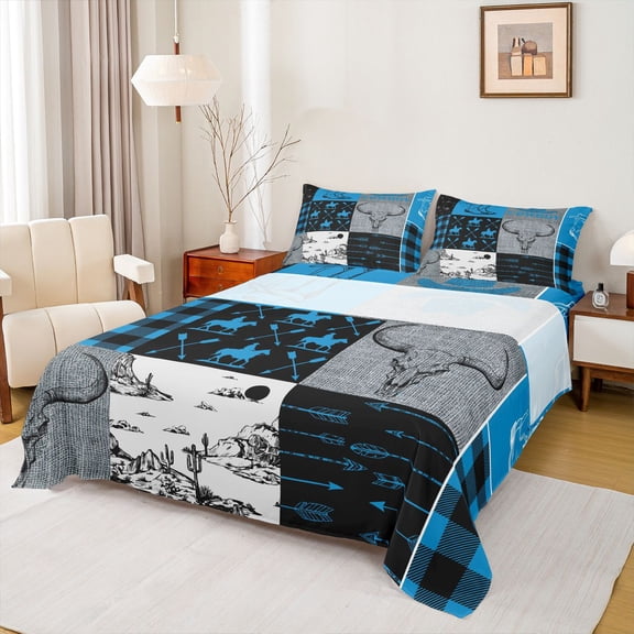 Homewish Rustic Cowgirl Cowboy Twin Sheet Sets for Adult, Hippie Western Cabin Twin Fitted Sheet, Blue Grey Plaid Flat Sheet, Ultra Soft Bedroom Decor, 3-Piece