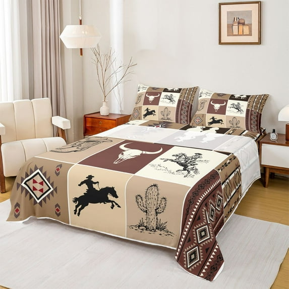 Homewish Rustic Cowgirl Cowboy Twin Sheet Sets for Kids, Tribal Hippie Aztec Twin Fitted Sheet, Vintage Brown Patchwork Flat Sheet, Super Cozy Room Decor, 3-Piece