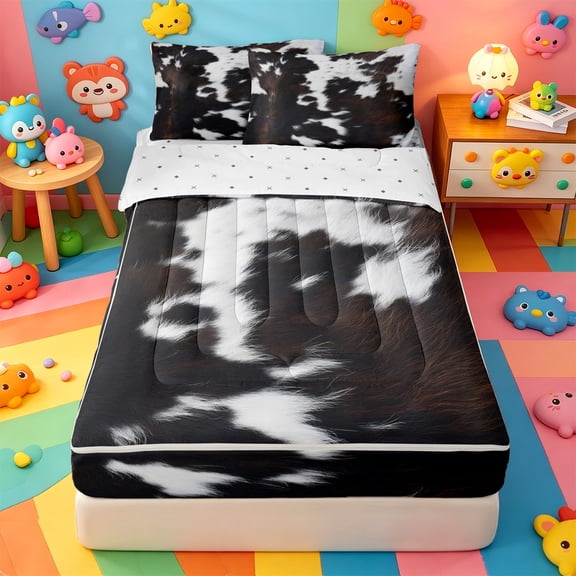 Homewish Rustic Cowhide Print Zipper Queen Comforter Set with Fitted Sheet and 2 Pillowcases,Western Farm Cow Zipper Bedding Set For Boys,Reversible,4pcs