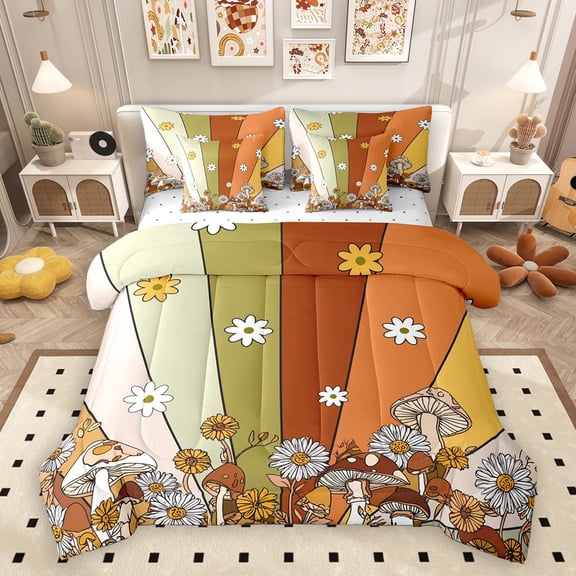 Homewish Rustic Daisy Flower 7-Piece Twin Bedding Sets,Colorful Geometric Striped Bedding Comforter Set,Country Mushroom Sheet Sets For Kids,Luxury Bedroom Decor Reversible