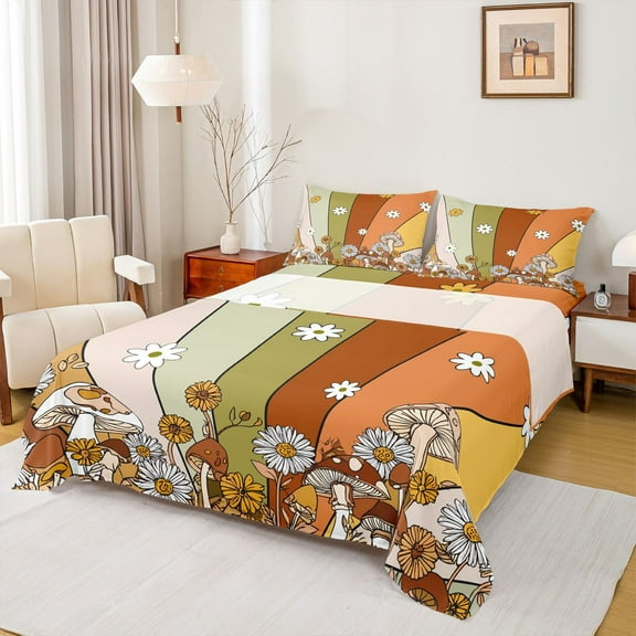 Homewish Rustic Daisy Flower Bed Sheets,Colorful Geometric Striped King Sheets,Country Mushroom Sheet Set For Kids,Luxury Bedroom Decor,4pcs