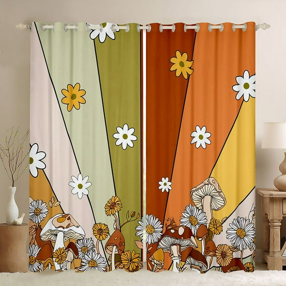 Homewish Rustic Daisy Flower Black Out Curtains,Colorful Geometric Striped Curtains Pack of 2 (42x63 Each),Country Mushroom Bedroom Curtains For Kids,Luxury Bedroom Decor