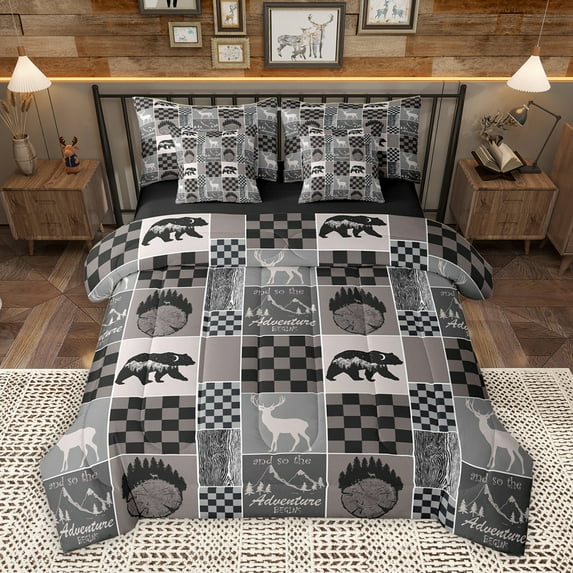 Homewish Rustic Deer Bear Bedding Comforter Set 7pcs for Adult, Hunting and Fishing Queen Bedding Sets, Vintage Grey Brown Buffalo Reversible Queen Sheet Sets, Breathable Home Decor