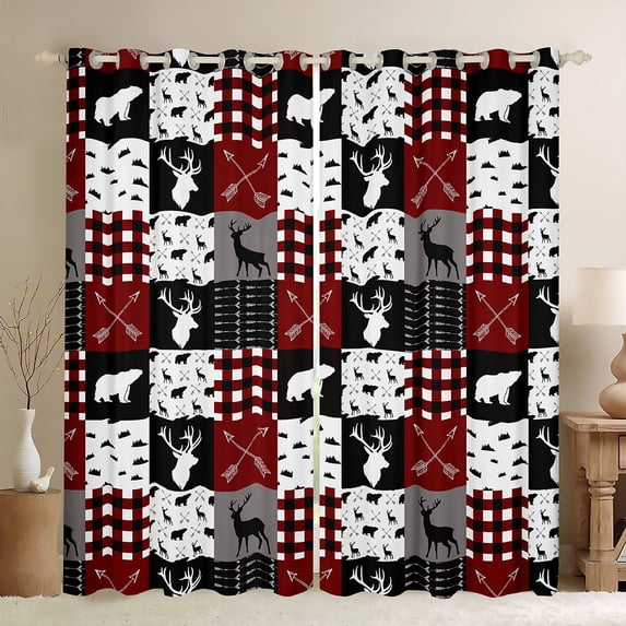 Homewish Rustic Deer Bear Black Out Curtains, Vintage Red Buffalo Patchwork Curtains Pack of 2 (42x63 Each), Hunting and Fishing Bedroom Curtains, Black Out Curtains Room Decor