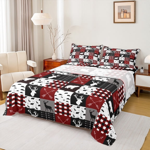 Homewish Rustic Deer Bear Queen Sheet Sets, Vintage Red Buffalo Patchwork Flat Sheet, Hunting and Fishing Queen Fitted Sheet, Lightweight Room Decor, 4pcs