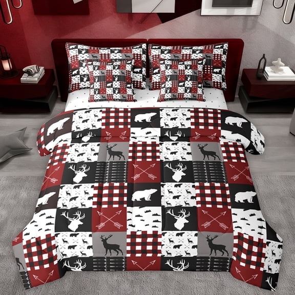 Homewish Rustic Deer Bear Twin Bedding Sets 7-Piece, Vintage Red Buffalo Patchwork Bedding Comforter Set, Hunting and Fishing Reversible Sheet Sets, Lightweight Room Decor