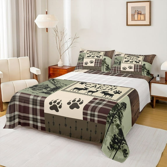Homewish Rustic Deer Elk Bed Sheets for Adult, Farmhouse Cabin King Sheets, Vintage Brown Green Buffalo Sheet Set, Ultra Soft Bedroom Decor, 4 Pieces