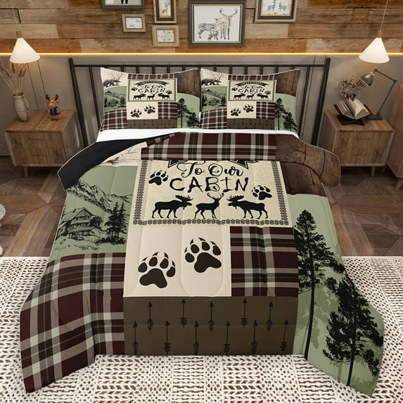 Homewish Rustic Deer Elk Bedding Comforter Set for Adult, Farmhouse Cabin Twin Comforter Sets, Vintage Brown Green Buffalo Reversible Bedding Set, Ultra Soft Bedroom Decor, 2 Pieces