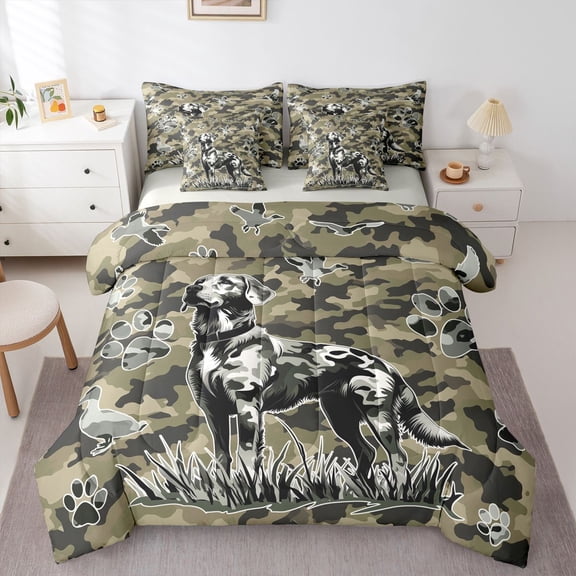 Homewish Rustic Dog Duck 7-Piece Twin Bedding,Camouflage Labrador Retriever Bedding Comforter Set,Green,Light Gray Reversible