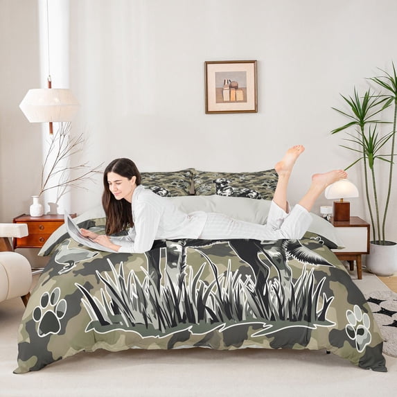 Homewish Rustic Dog Duck Bedding,Camouflage Labrador Retriever Duvet Cover Full,Green,Light Gray Reversible,3-Piece,1 Duvet Cover and 2 Pillowcases