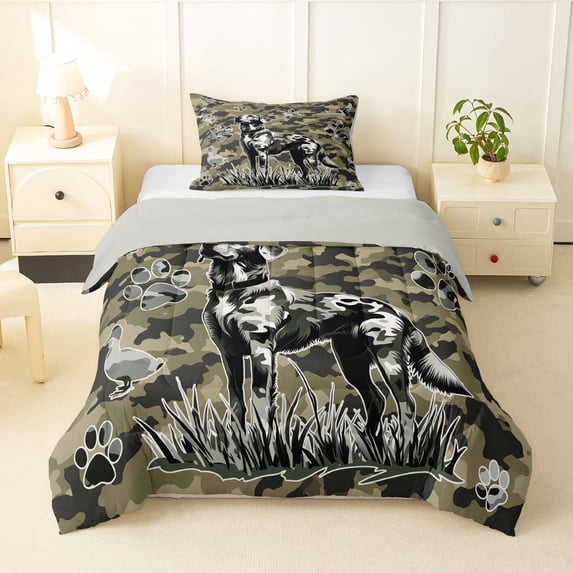 Homewish Rustic Dog Duck Twin Comforter Sets,Camouflage Labrador Retriever Bedding Set,Green,Light Gray Reversible,2pcs,1 Comforter and 1 Pillowcase