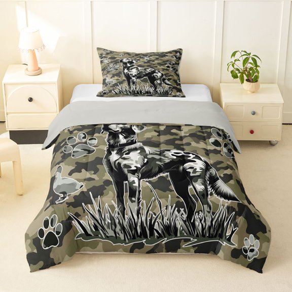 Homewish Rustic Dog Duck Twin Comforter Sets,Camouflage Labrador Retriever Bedding Set,Green,Light Gray Reversible,2pcs,1 Comforter and 1 Pillowcase