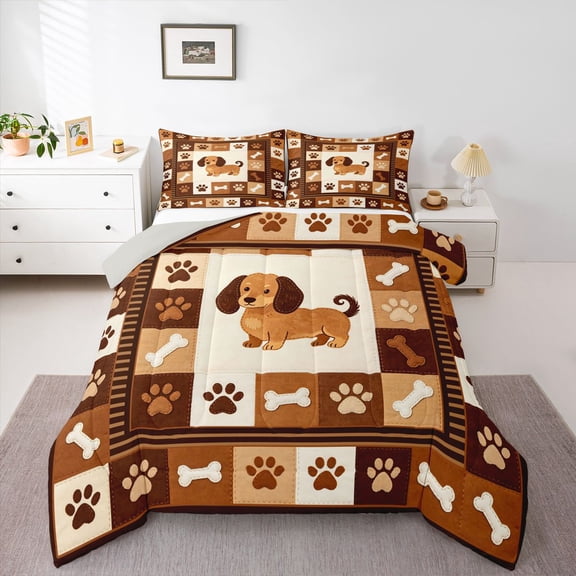 Homewish Rustic Dog Plaid Queen Comforter Set,Paws Bone Comforter Sets Queen,Brown,Light Gray Reversible,3-Piece,1 Comforter and 2 Pillowcases