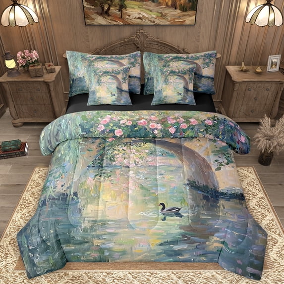 Homewish Rustic Duck 7-Piece Bedding Comforter Set,Oil Painting Artistic King Bedding Sets,Pink Flower Floral Bed Sheets For Girl,Breathable Home Decor Reversible