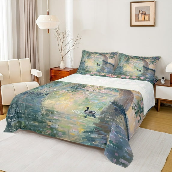 Homewish Rustic Duck Full Size Sheets,Oil Painting Artistic Bed Sheets,Pink Flower Floral Sheet Sets For Girl,Breathable Home Decor,4pcs