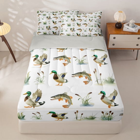 Homewish Rustic Duck Kids Zipper Full Size Comforter Sets with Fitted Sheet and 2 Pillowcases, Cartoon Pike Fish Zipper Bedding Set, Gray Reversible, 4-Piece