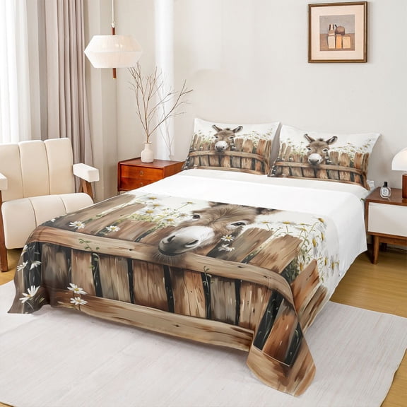 Homewish Rustic Farm Donkey Bed Sheets for Kid, Flower Plant Botancial King Sheets, Southwestern Animal Sheet Set, Lightweight Room Decor, 4pcs