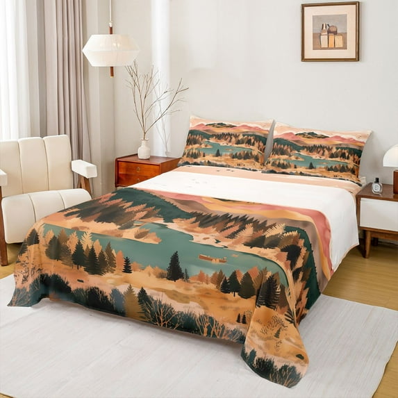 Homewish Rustic Farmhouse Bed Sheets,Natural Mountain Lake King Sheets,Teal Brown Sheet Set For Men Women,Microfiber Bedroom Decor,4 Pieces