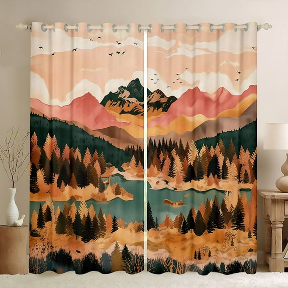 Homewish Rustic Farmhouse Black Out Curtains,Natural Mountain Lake Curtains Pack of 2 (42x63 Each),Teal Brown Bedroom Curtains For Men Women,Microfiber Bedroom Decor