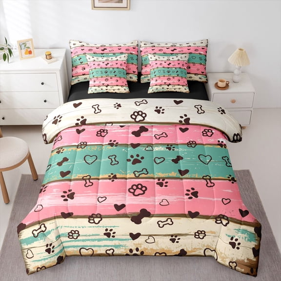 Homewish Rustic Farmhouse Cabin 7-Piece Twin Bedding,Dog Paws Bone Bedding Comforter Set,Pink Green,Black Reversible