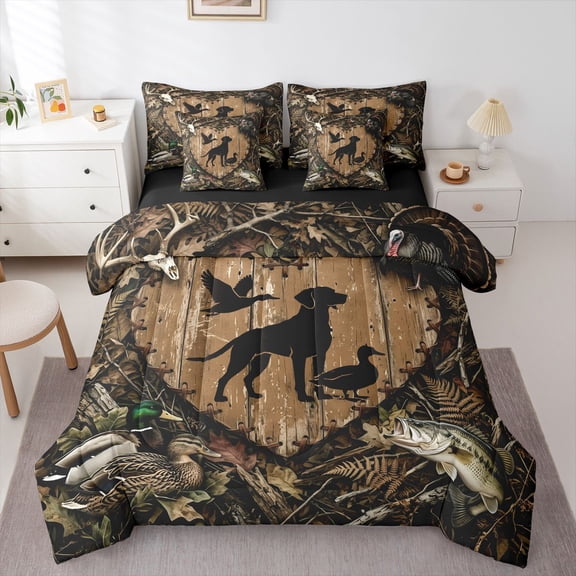 Homewish Rustic Farmhouse Cabin 7-Piece Twin Bedding,Retro Dog Duck Bedding Comforter Set,Brown,Black Reversible