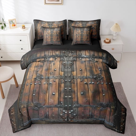 Homewish Rustic Farmhouse Cabin Bedding Comforter Set 7 Pieces for Teens Adults,Old Barn Door Full Bedding Set Lightweight,Black Brown Fitted Sheet Flat Sheet,Lightweight Room Decor,Reversible