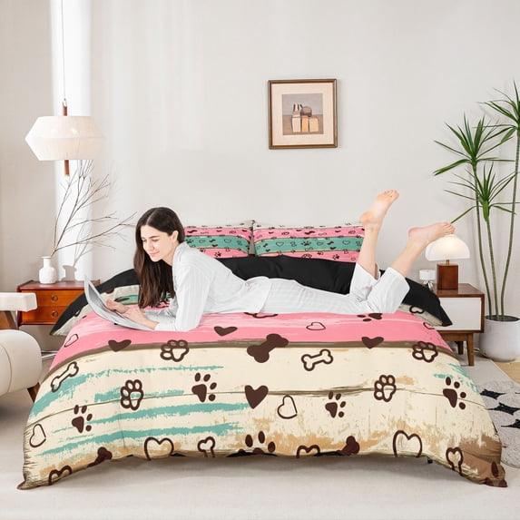 Homewish Rustic Farmhouse Cabin Duvet Cover Queen,Dog Paws Bone Queen Bedding,Pink Green,Black Reversible,3 Pieces,1 Duvet Cover and 2 Pillowcases