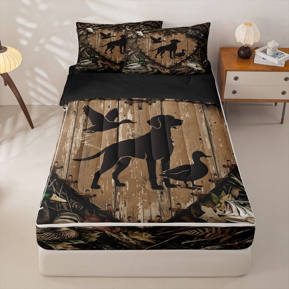 Homewish Rustic Farmhouse Cabin Zipper Twin Comforter Sets with Fitted Sheet and 2 Pillowcases,Retro Dog Duck Zipper Bedding Set,Brown,Black Reversible,4pcs