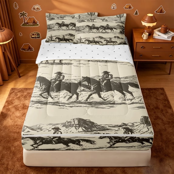 Homewish Rustic Farmhouse Cowboy Zipper Twin Comforter Sets with Fitted Sheet and 2 Pillowcases,Sketch Style Zipper Bedding Set,Reversible,4pcs