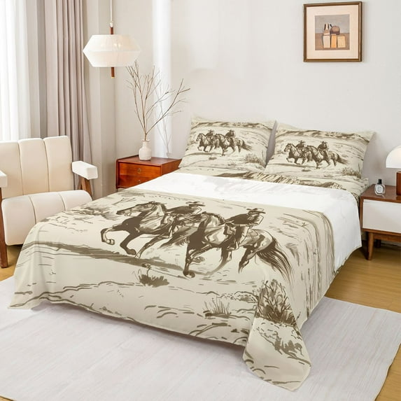 Homewish Rustic Farmhouse Horse Full Size Sheets,Western Cowboy Tribal Bed Sheets,Beige Brown Sheet Sets For Boys Kids,Microfiber Bedroom Decor,4pcs