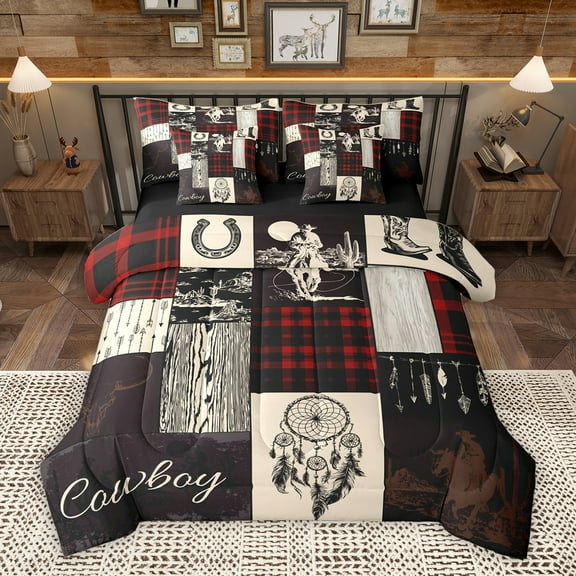 Homewish Rustic Farmhouse Hunting Twin Bedding Sets 7-Piece, Bohemian Dreamcatcher Bedding Comforter Set, Cowboy Cowgirl Reversible Sheet Sets, Wheat Red Luxury Bedroom Decor