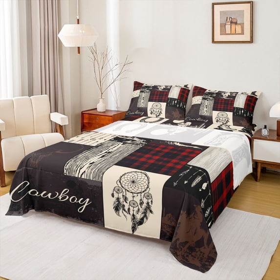Homewish Rustic Farmhouse Hunting Twin Sheet Sets, Bohemian Dreamcatcher Twin Fitted Sheet, Cowboy Cowgirl Flat Sheet, Wheat Red Luxury Bedroom Decor, 3 Pieces