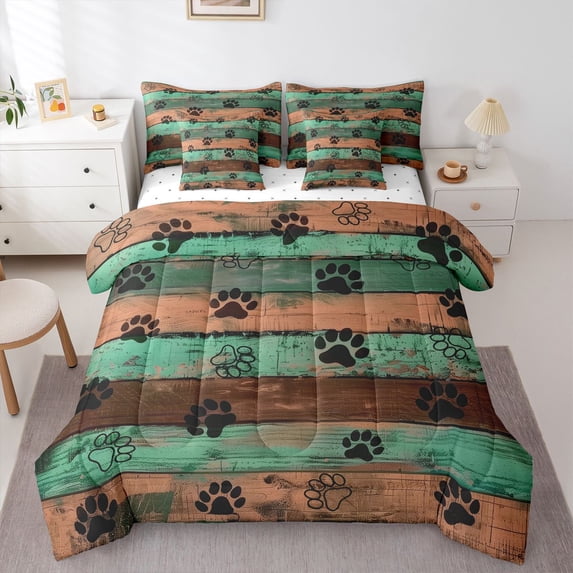 Homewish Rustic Farmhouse Lodge 7pcs Queen Bedding,Retro Dog Paw Print Bedding Comforter Set Queen,Brown Green,Reversible